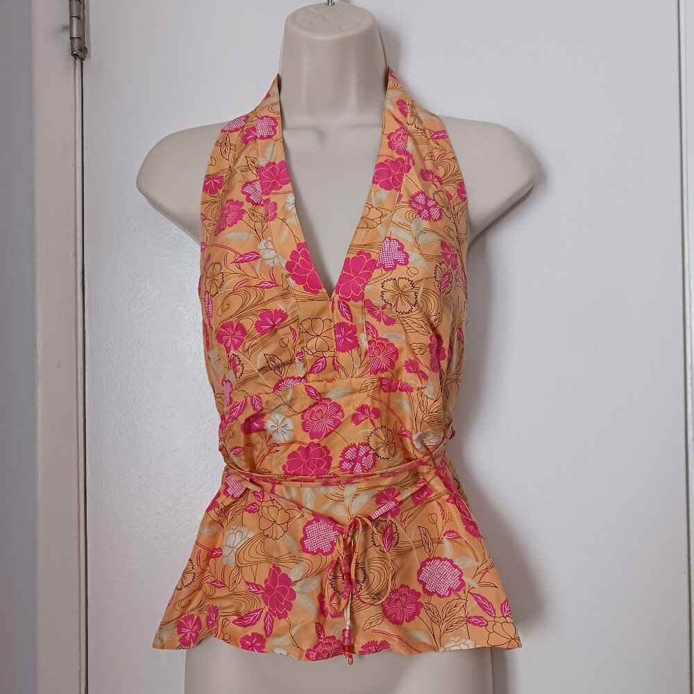 Gap Vintage 90s Silk Halter Top XS Orange Pink Floral NWOT